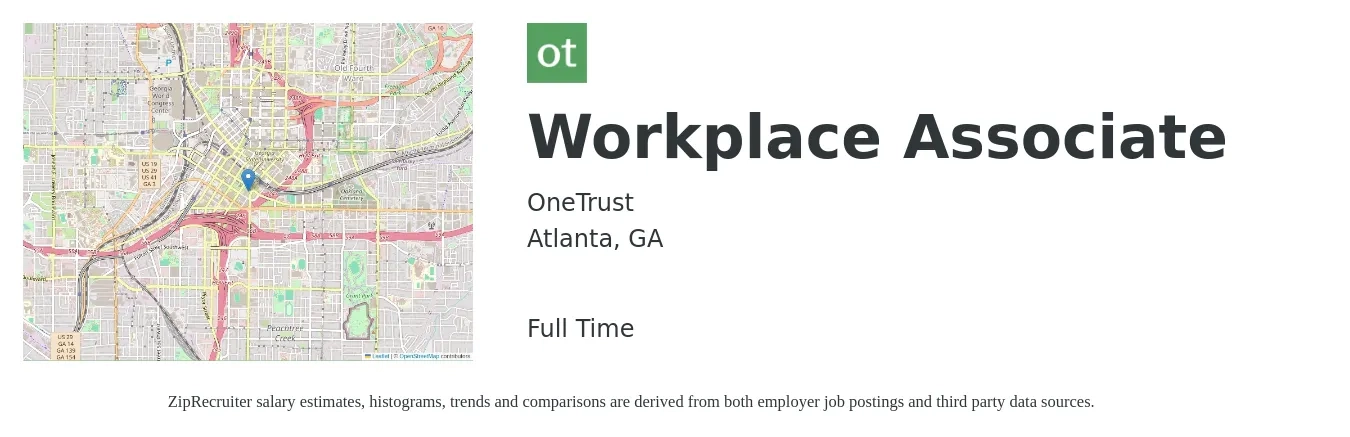 OneTrust job posting for a Workplace Associate in Atlanta, GA with a salary of $37,000 to $71,600 Yearly with a map of Atlanta location.
