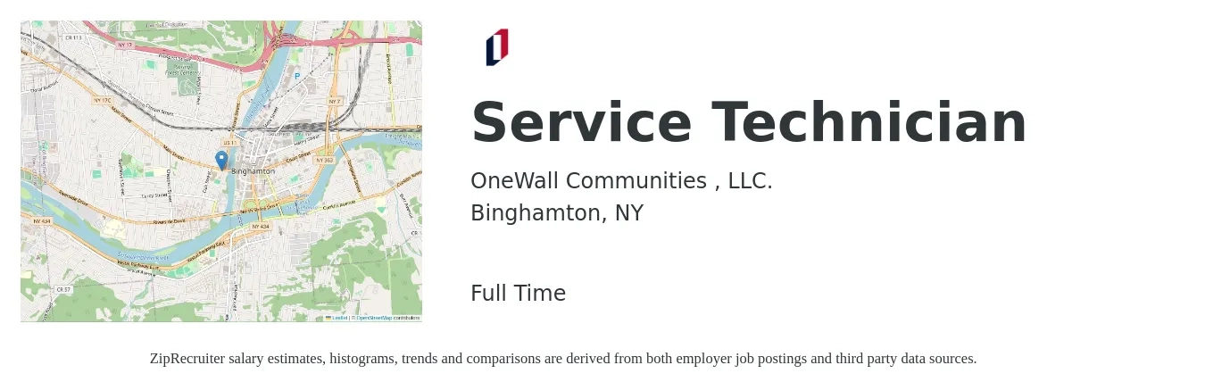OneWall Communities , LLC. job posting for a Service Technician in Binghamton, NY with a salary of $19 to $26 Hourly with a map of Binghamton location.