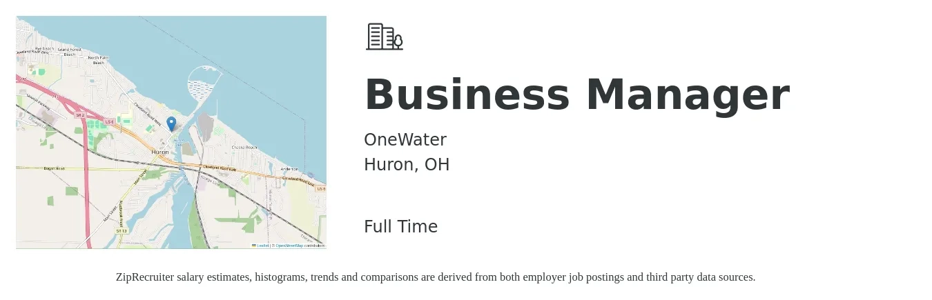 OneWater job posting for a Business Manager in Huron, OH with a salary of $46,600 to $85,300 Yearly with a map of Huron location.