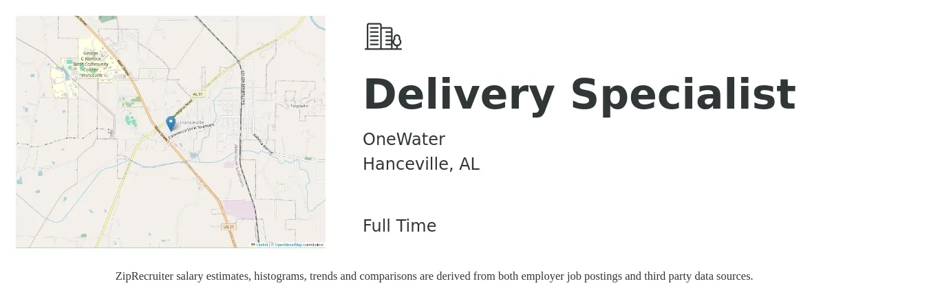 OneWater job posting for a Delivery Specialist in Hanceville, AL with a salary of $14 to $21 Hourly with a map of Hanceville location.