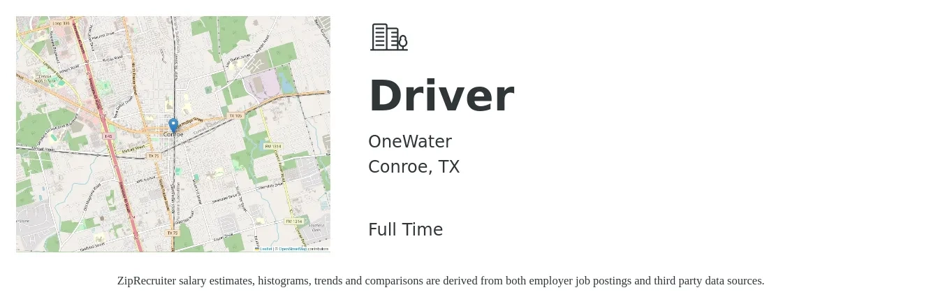 OneWater job posting for a Driver in Conroe, TX with a salary of $13 to $18 Hourly with a map of Conroe location.