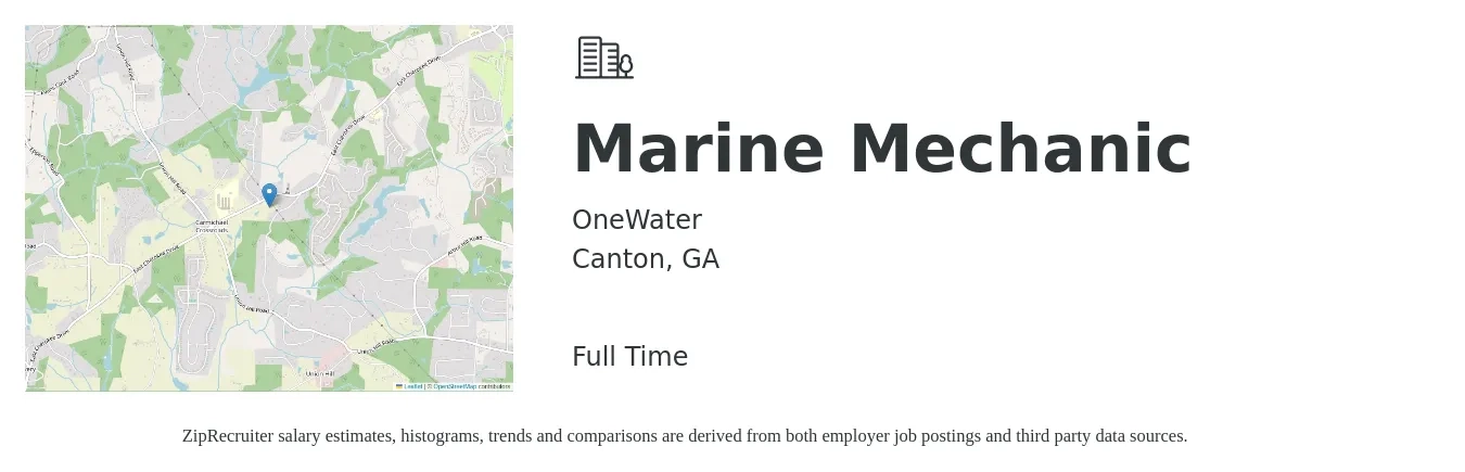 OneWater job posting for a Marine Mechanic in Canton, GA with a salary of $25 to $30 Hourly with a map of Canton location.