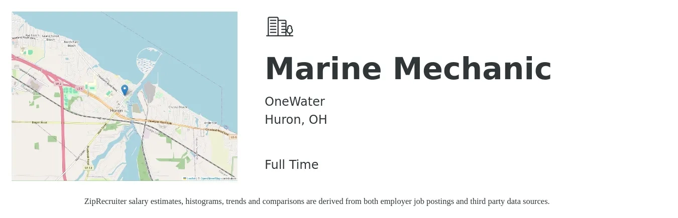 OneWater job posting for a Marine Mechanic in Huron, OH with a salary of $24 to $28 Hourly with a map of Huron location.