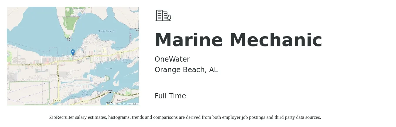 OneWater job posting for a Marine Mechanic in Orange Beach, AL with a salary of $24 to $28 Hourly with a map of Orange Beach location.