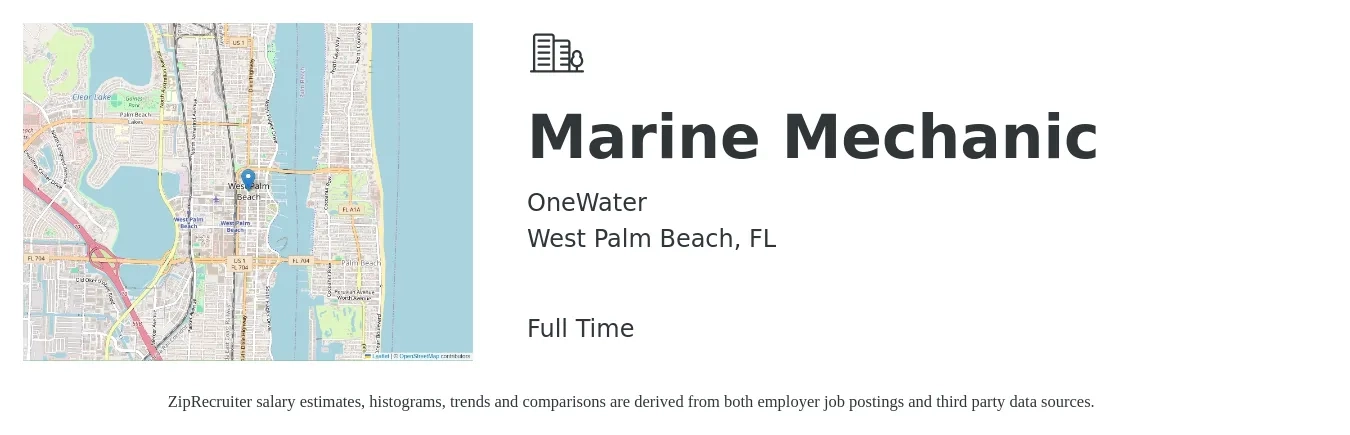 OneWater job posting for a Marine Mechanic in West Palm Beach, FL with a salary of $26 to $32 Hourly with a map of West Palm Beach location.