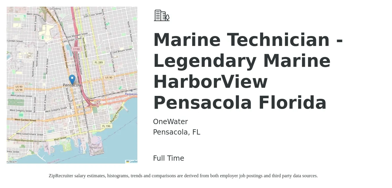 OneWater job posting for a Marine Technician - Legendary Marine HarborView Pensacola Florida in Pensacola, FL with a salary of $22 to $31 Hourly with a map of Pensacola location.