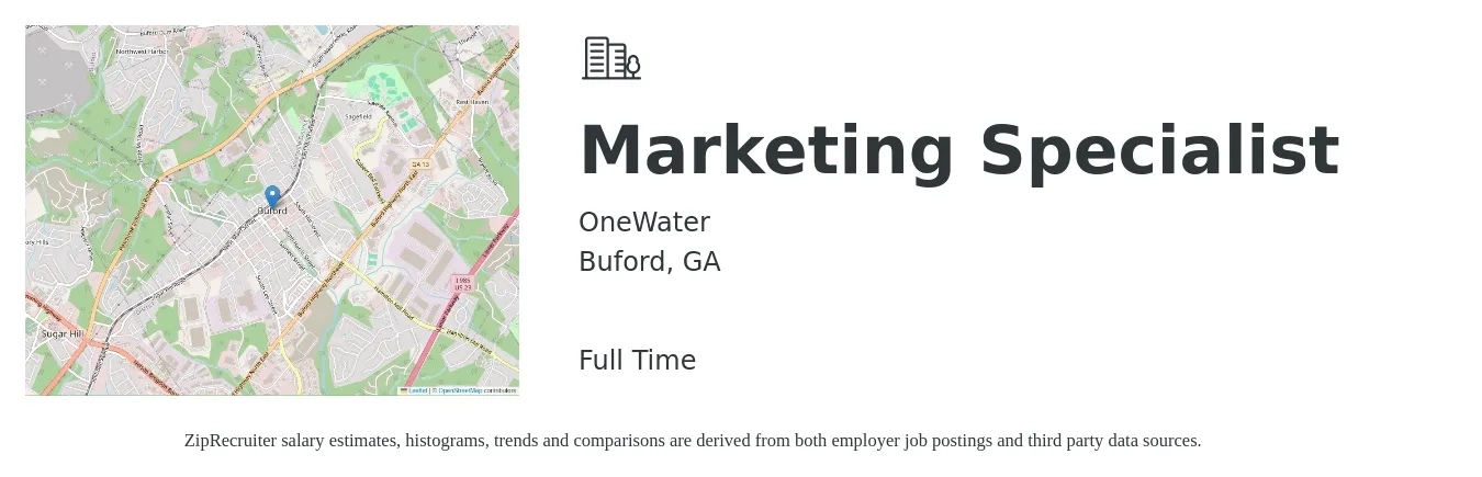 OneWater job posting for a Marketing Specialist in Buford, GA with a salary of $43,300 to $63,800 Yearly with a map of Buford location.