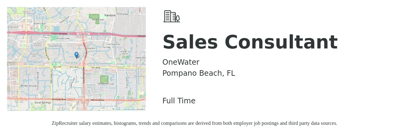 OneWater job posting for a Sales Consultant in Pompano Beach, FL with a salary of $38,100 to $74,800 Yearly with a map of Pompano Beach location.