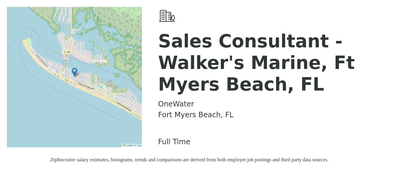 OneWater job posting for a Sales Consultant - Walker's Marine, Ft Myers Beach, FL in Fort Myers Beach, FL with a salary of $38,000 to $74,600 Yearly with a map of Fort Myers Beach location.