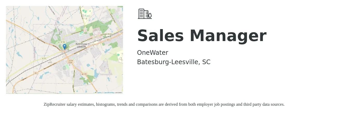 OneWater job posting for a Sales Manager in Batesburg-Leesville, SC with a salary of $36,600 to $78,600 Yearly with a map of Batesburg-Leesville location.