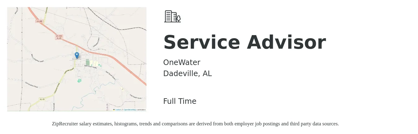 OneWater job posting for a Service Advisor in Dadeville, AL with a salary of $16 to $26 Hourly with a map of Dadeville location.