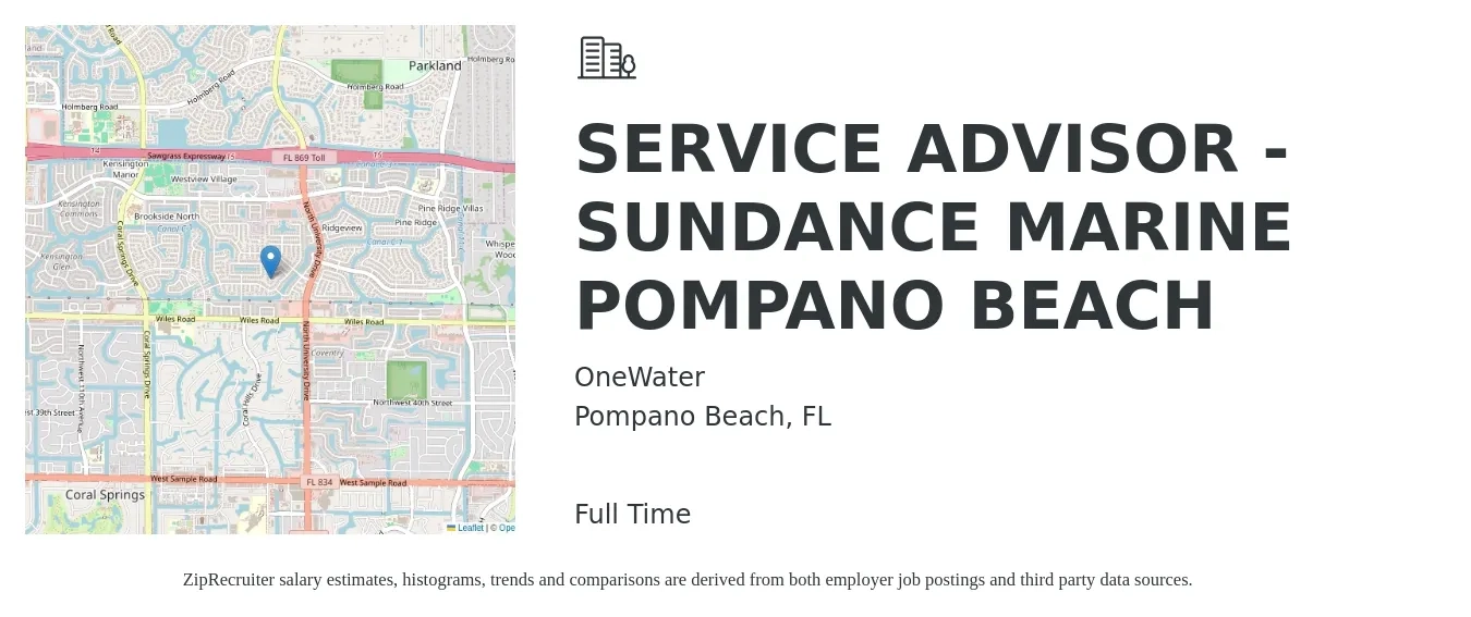 OneWater job posting for a SERVICE ADVISOR - SUNDANCE MARINE POMPANO BEACH in Pompano Beach, FL with a salary of $18 to $29 Hourly with a map of Pompano Beach location.