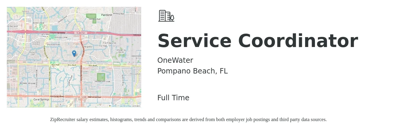 OneWater job posting for a Service Coordinator in Pompano Beach, FL with a salary of $18 to $24 Hourly with a map of Pompano Beach location.