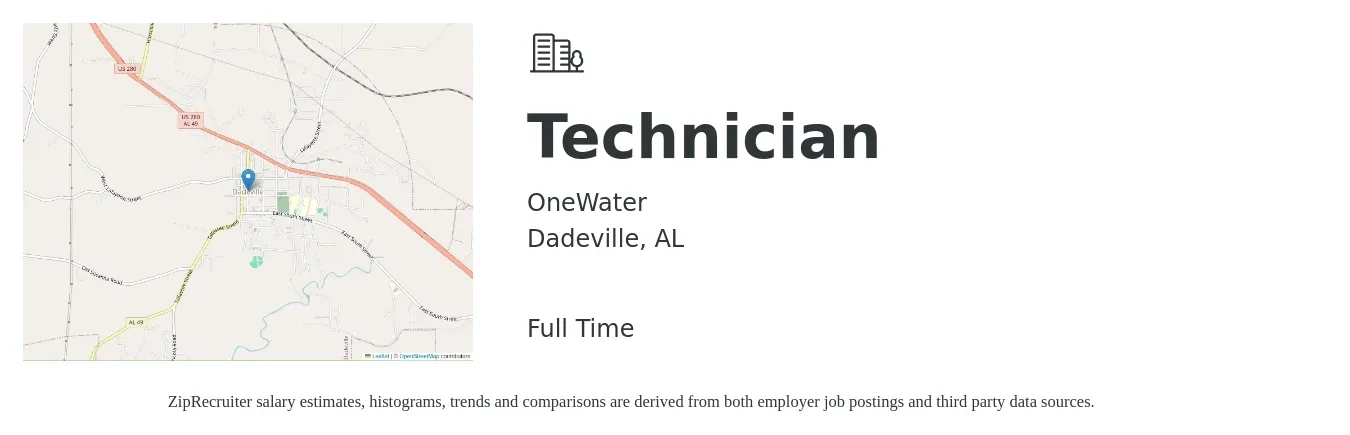 OneWater job posting for a Technician in Dadeville, AL with a map of Dadeville location.