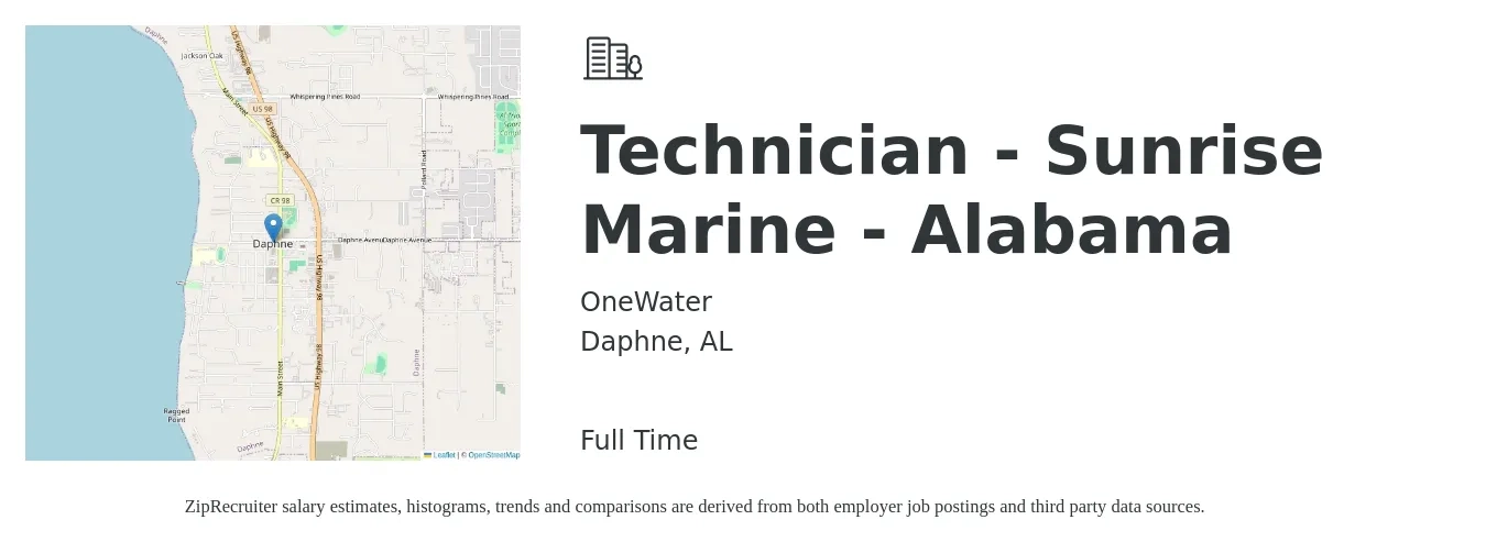 OneWater job posting for a Technician - Sunrise Marine - Alabama in Daphne, AL with a salary of $20 to $28 Hourly with a map of Daphne location.