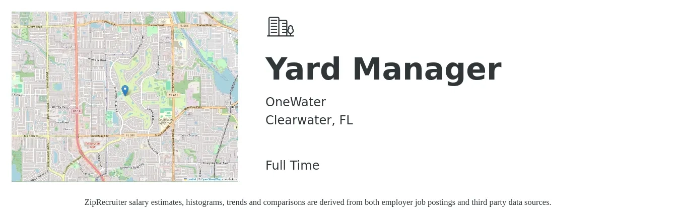OneWater job posting for a Yard Manager in Clearwater, FL with a salary of $18 to $28 Hourly with a map of Clearwater location.