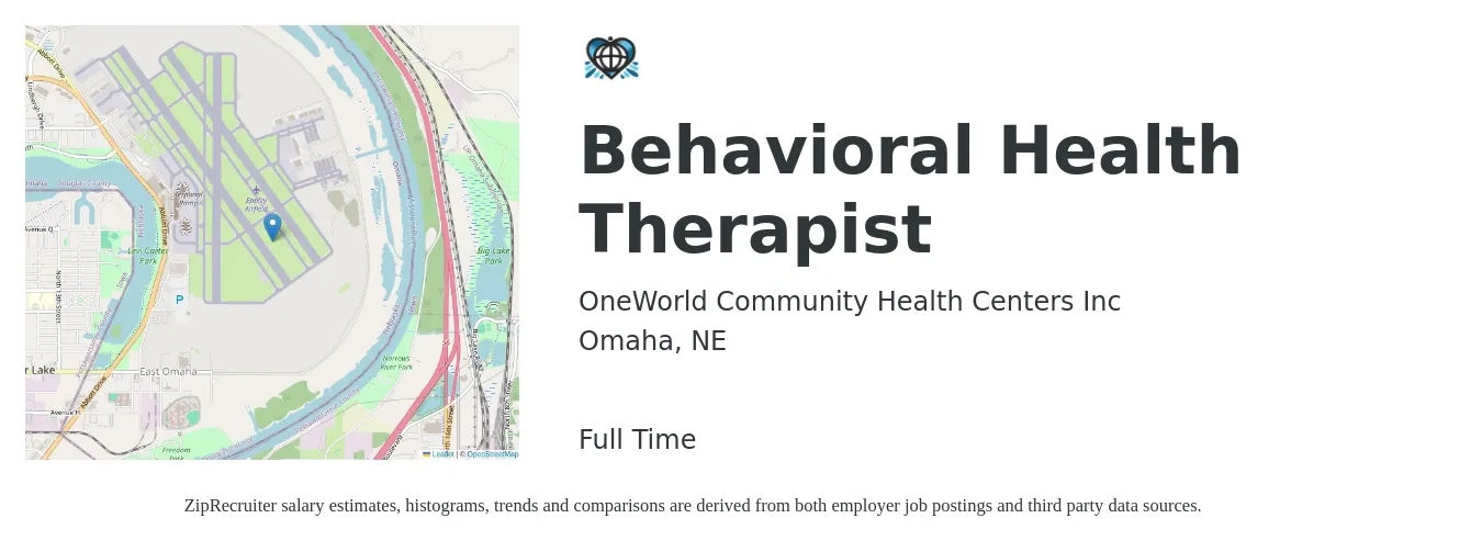 OneWorld Community Health Centers Inc job posting for a Behavioral Health Therapist in Omaha, NE with a salary of $58,400 to $78,300 Yearly with a map of Omaha location.