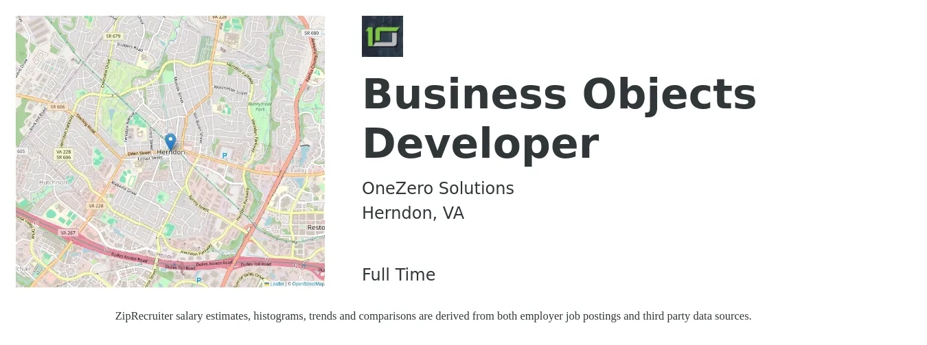 OneZero Solutions job posting for a Business Objects Developer in Herndon, VA with a salary of $54 to $65 Hourly with a map of Herndon location.