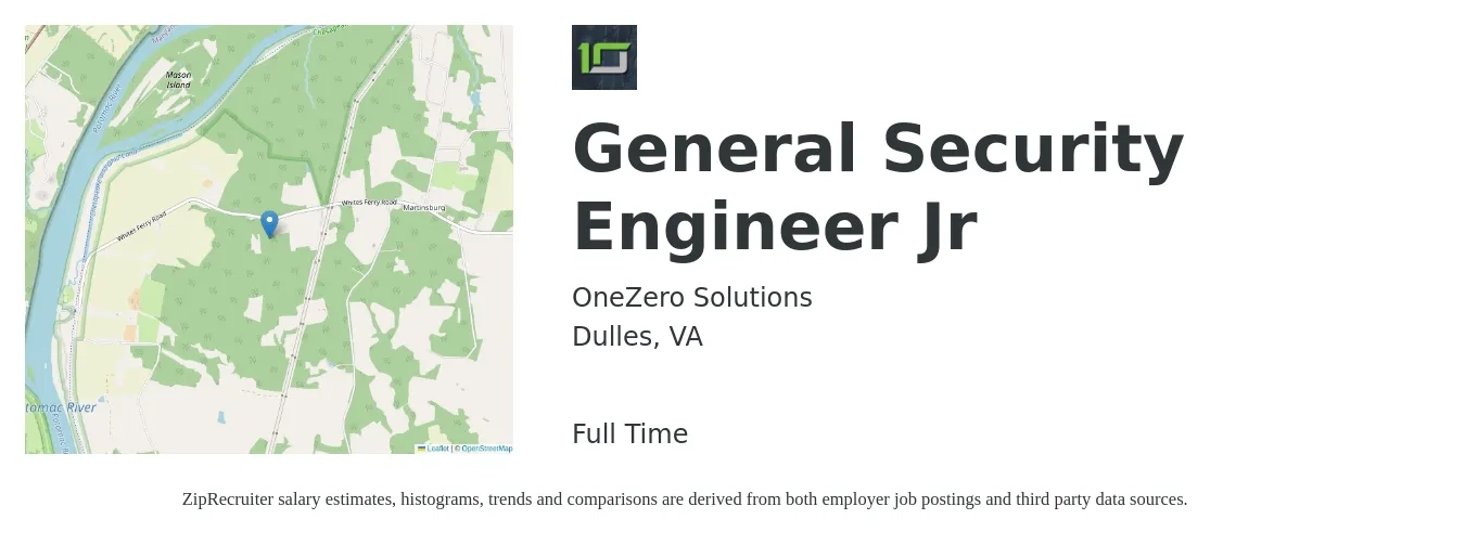 OneZero Solutions job posting for a General Security Engineer Jr in Dulles, VA with a salary of $145,300 to $161,100 Yearly with a map of Dulles location.