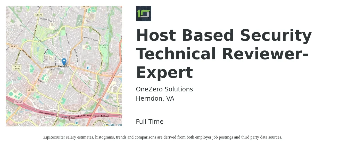 OneZero Solutions job posting for a Host Based Security Technical Reviewer-Expert in Herndon, VA with a salary of $16 to $20 Hourly with a map of Herndon location.