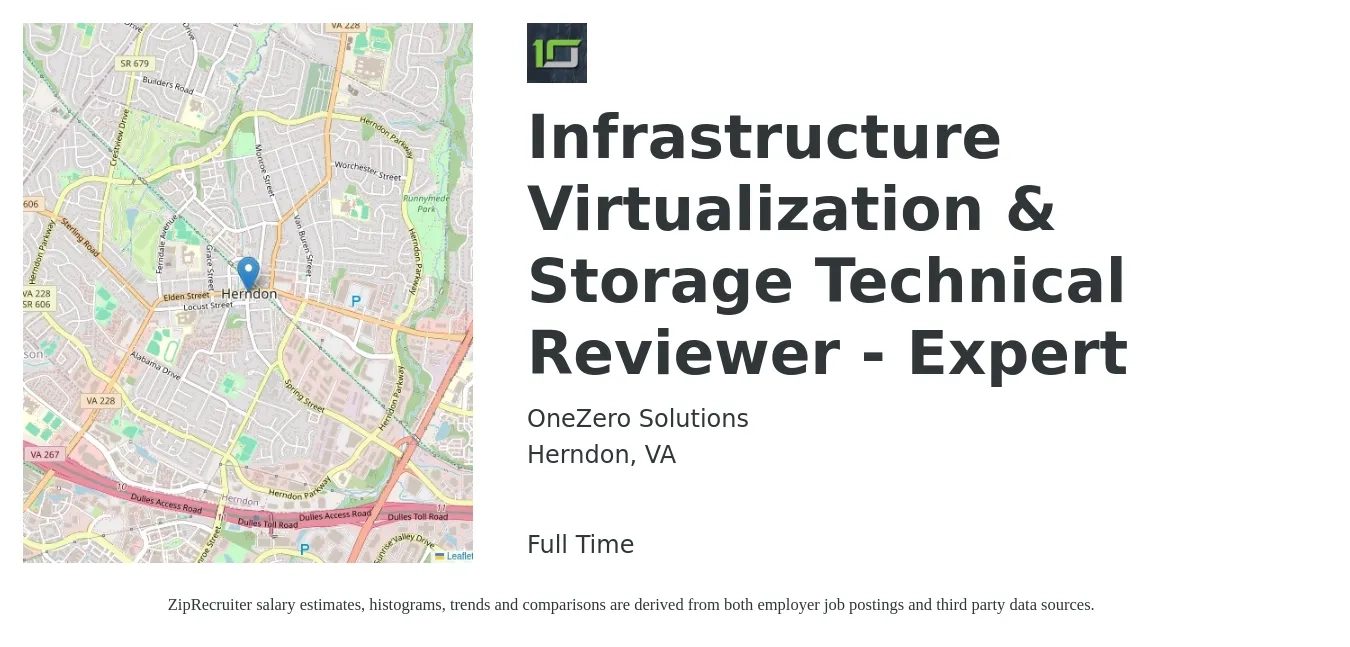 OneZero Solutions job posting for a Infrastructure Virtualization & Storage Technical Reviewer - Expert in Herndon, VA with a salary of $53 to $73 Hourly with a map of Herndon location.