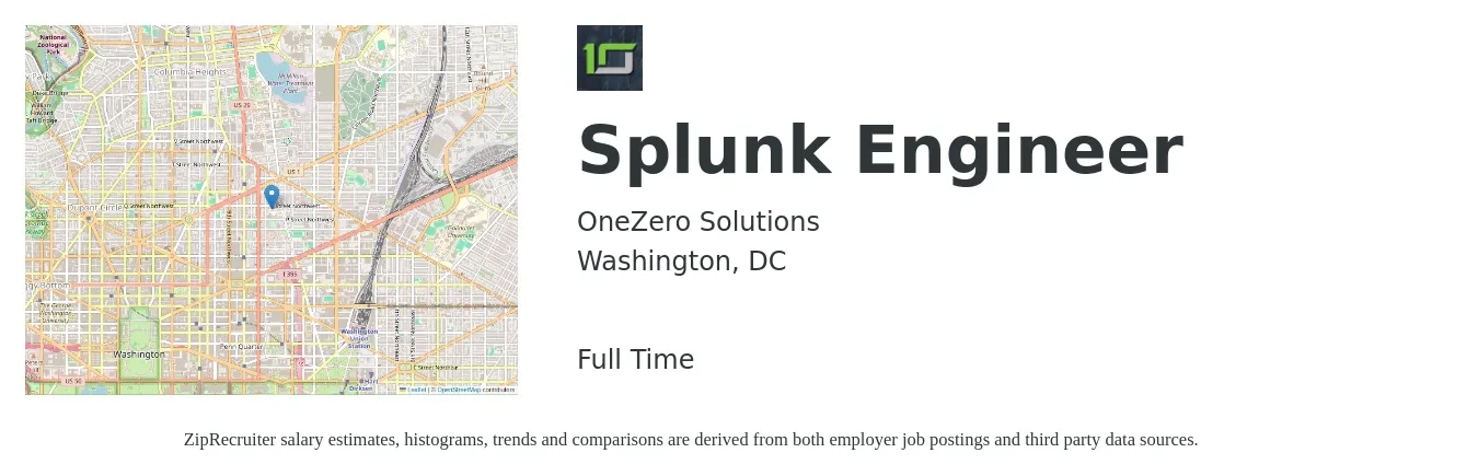 OneZero Solutions job posting for a Splunk Engineer in Washington, DC with a salary of $62 to $78 Hourly with a map of Washington location.