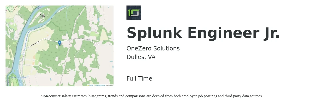 OneZero Solutions job posting for a Splunk Engineer Jr. in Dulles, VA with a salary of $49,300 to $81,300 Yearly with a map of Dulles location.
