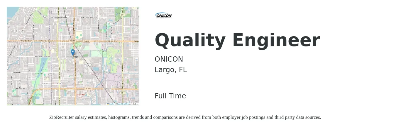 ONICON job posting for a Quality Engineer in Largo, FL with a salary of $62,000 to $80,100 Yearly with a map of Largo location.