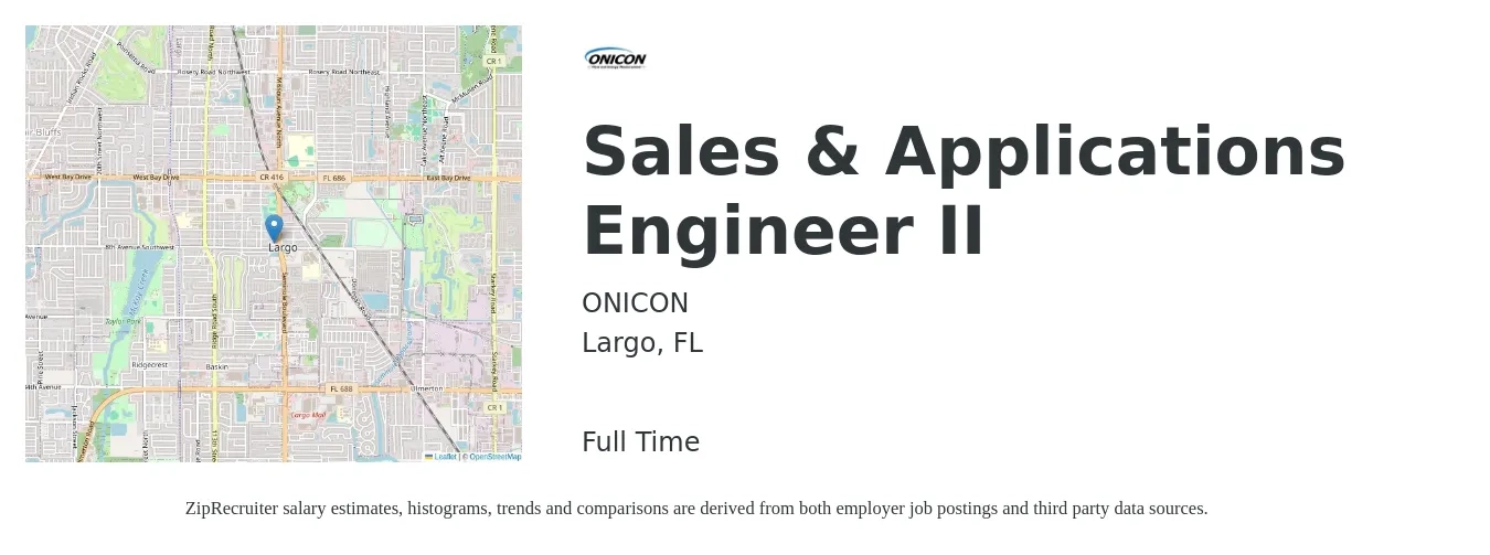 ONICON job posting for a Sales & Applications Engineer II in Largo, FL with a salary of $89,600 to $110,700 Yearly with a map of Largo location.