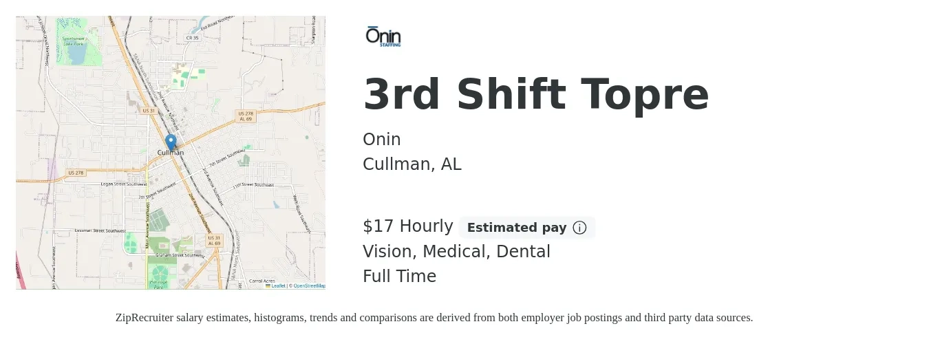 Onin job posting for a 3rd Shift Topre in Cullman, AL with a salary of $18 Hourly and benefits including life_insurance, medical, retirement, vision, and dental with a map of Cullman location.