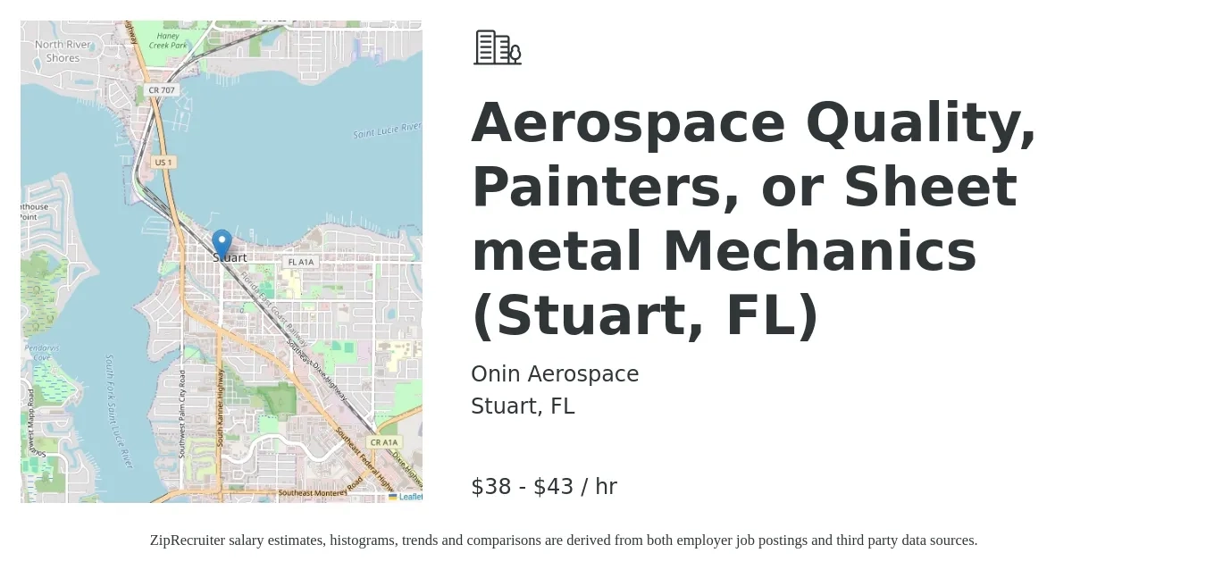 Onin Aerospace job posting for a Aerospace Quality, Painters, or Sheet metal Mechanics (Stuart, FL) in Stuart, FL with a salary of $30 to $45 Hourly with a map of Stuart location.