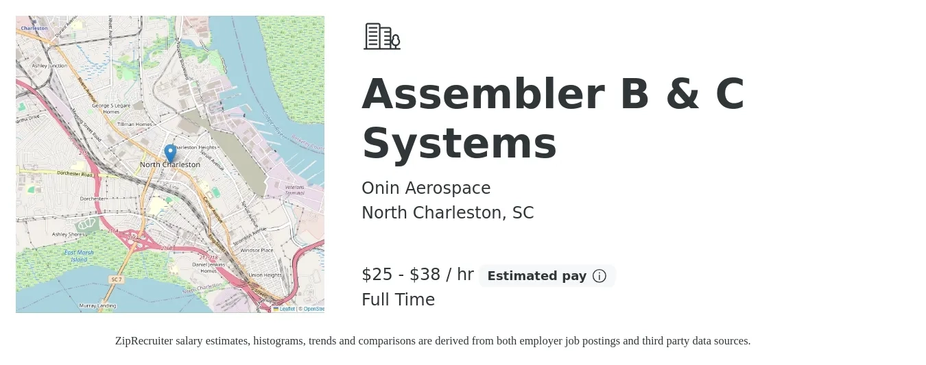 Onin Aerospace job posting for a Assembler B & C Systems in North Charleston, SC with a salary of $26 to $40 Hourly with a map of North Charleston location.