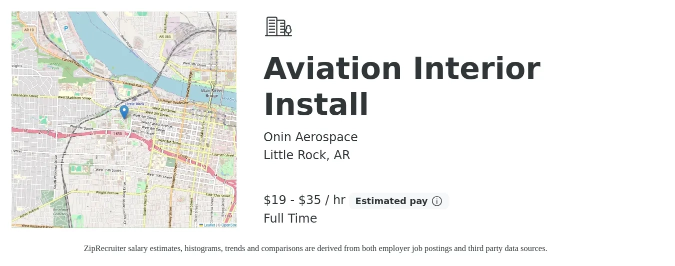 Onin Aerospace job posting for a Aviation Interior Install in Little Rock, AR with a salary of $20 to $37 Hourly with a map of Little Rock location.