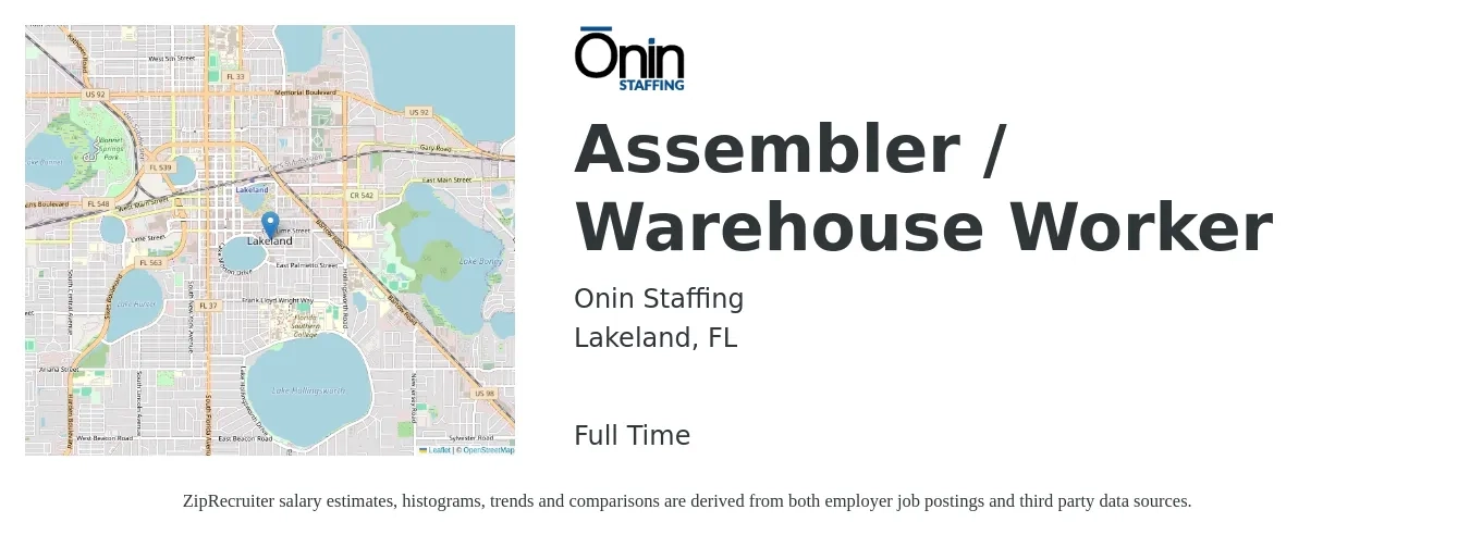 Onin Staffing job posting for a Assembler / Warehouse Worker in Lakeland, FL with a salary of $15 to $17 Hourly with a map of Lakeland location.