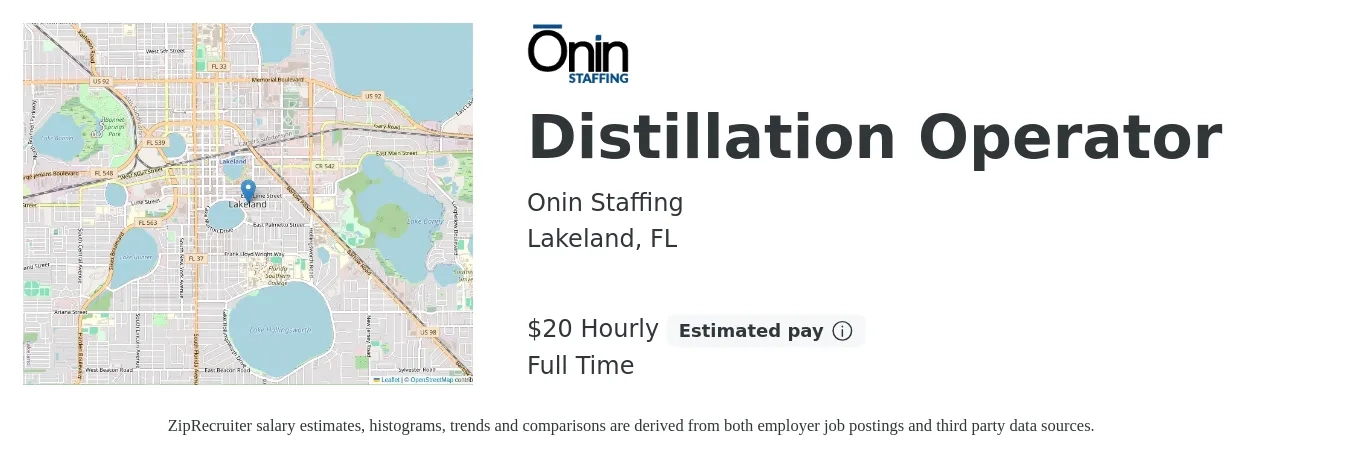 Onin Staffing job posting for a Distillation Operator in Lakeland, FL with a salary of $21 Hourly with a map of Lakeland location.