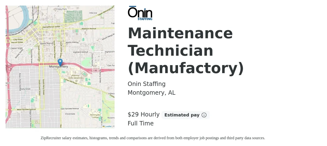 Onin Staffing job posting for a Maintenance Technician (Manufactory) in Montgomery, AL with a salary of $21 to $30 Hourly with a map of Montgomery location.