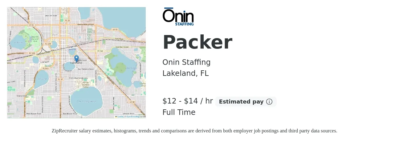 Onin Staffing job posting for a Packer in Lakeland, FL with a salary of $13 to $15 Hourly with a map of Lakeland location.