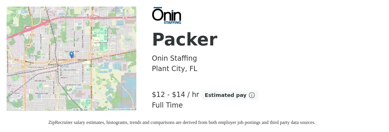 Onin Staffing job posting for a Packer in Plant City, FL with a salary of $13 to $15 Hourly with a map of Plant City location.