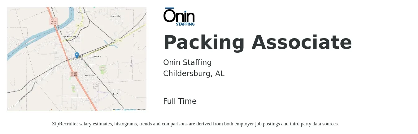 Onin Staffing job posting for a Packing Associate in Childersburg, AL with a salary of $13 Hourly with a map of Childersburg location.