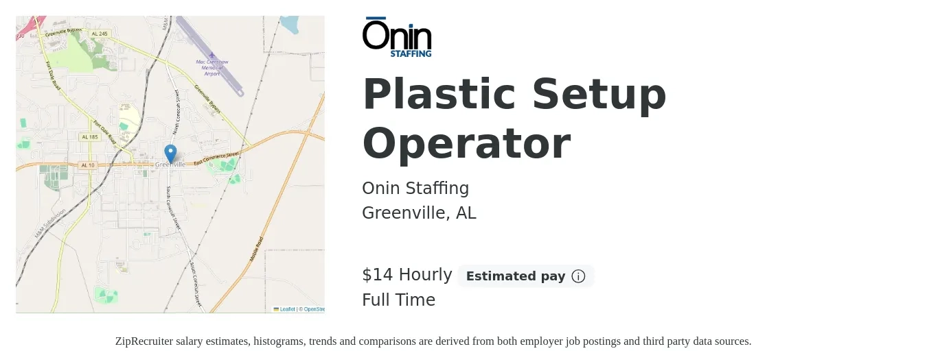Onin Staffing job posting for a Plastic Setup Operator in Greenville, AL with a salary of $16 Hourly with a map of Greenville location.