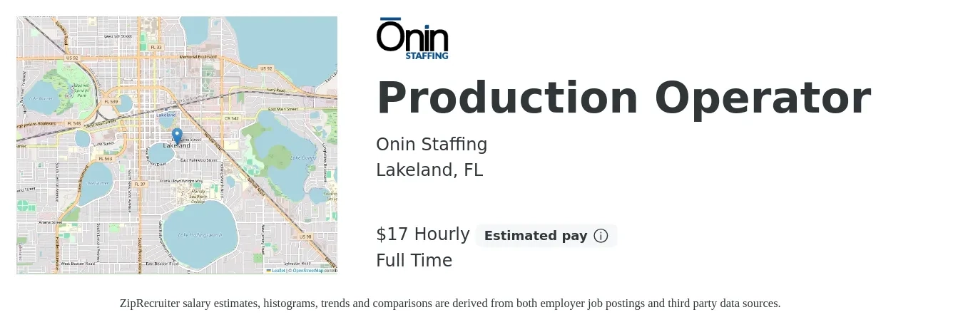 Onin Staffing job posting for a Production Operator in Lakeland, FL with a salary of $18 Hourly with a map of Lakeland location.