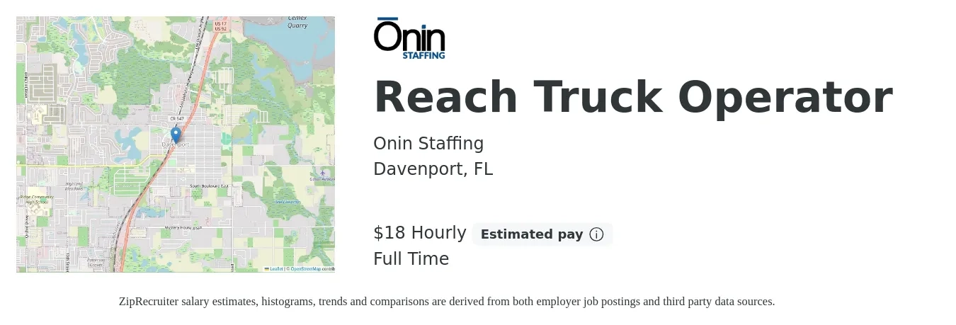 Onin Staffing job posting for a Reach Truck Operator in Davenport, FL with a salary of $19 Hourly with a map of Davenport location.