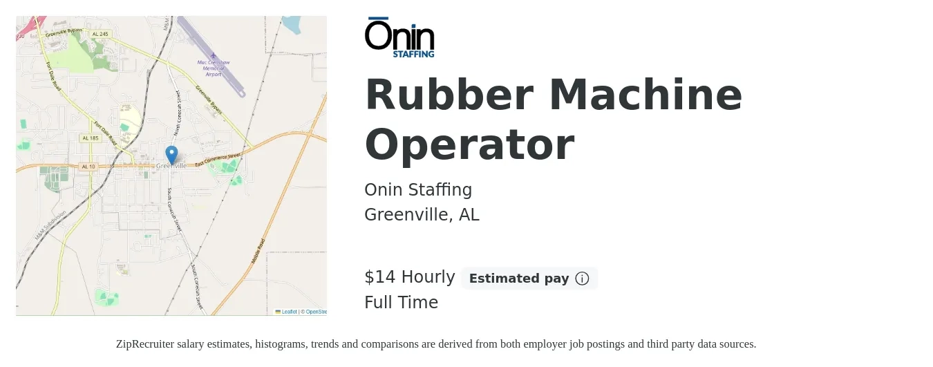 Onin Staffing job posting for a Rubber Machine Operator in Greenville, AL with a salary of $16 Hourly with a map of Greenville location.
