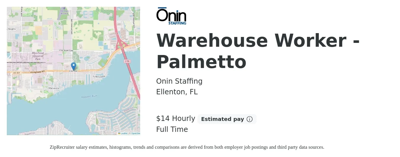 Onin Staffing job posting for a Warehouse Worker - Palmetto in Ellenton, FL with a salary of $15 Hourly with a map of Ellenton location.