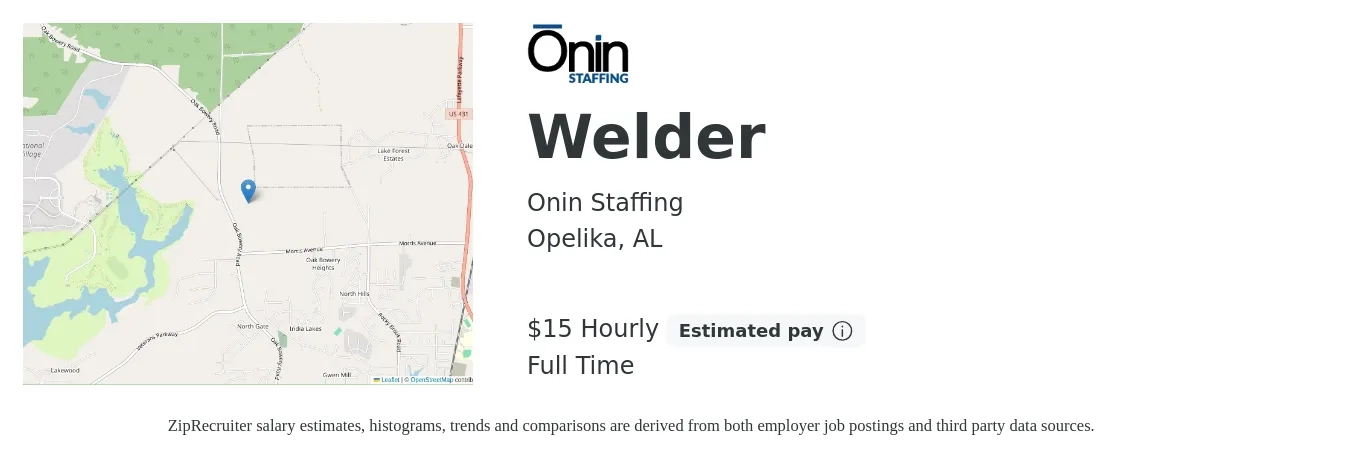 Onin Staffing job posting for a Welder in Opelika, AL with a salary of $16 Hourly with a map of Opelika location.