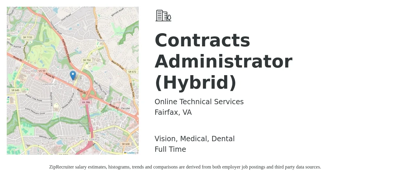 Online Technical Services job posting for a Contracts Administrator (Hybrid) in Fairfax, VA with a salary of $58,300 to $90,000 Yearly and benefits including vision, dental, life_insurance, medical, pto, and retirement with a map of Fairfax location.