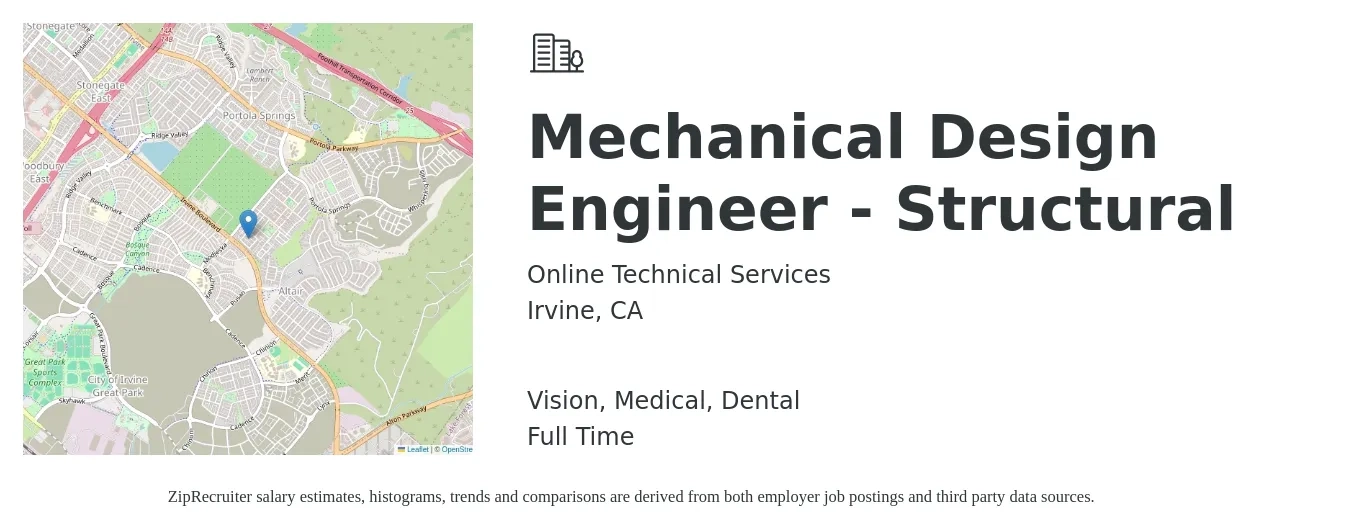 Online Technical Services job posting for a Mechanical Design Engineer - Structural in Irvine, CA with a salary of $81,600 to $110,600 Yearly and benefits including life_insurance, medical, pto, retirement, vision, and dental with a map of Irvine location.
