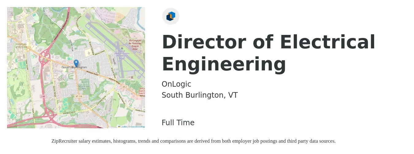 OnLogic job posting for a Director of Electrical Engineering in South Burlington, VT with a salary of $155,000 to $180,000 Yearly with a map of South Burlington location.