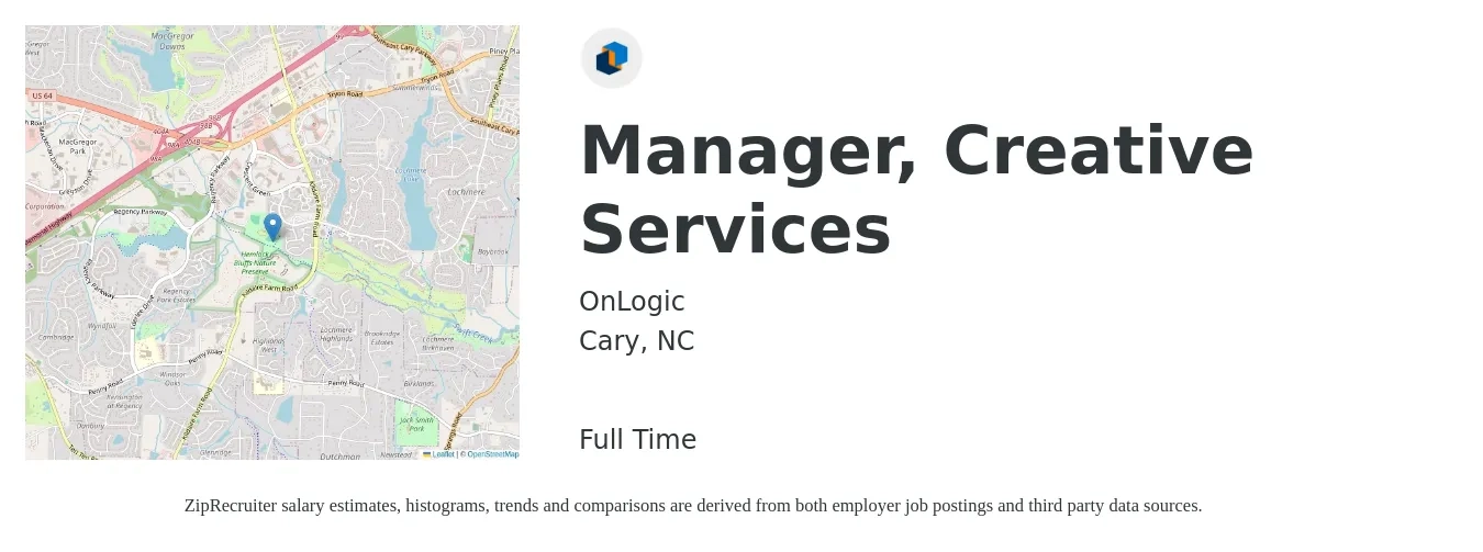 OnLogic job posting for a Manager, Creative Services in Cary, NC with a salary of $105,000 to $120,000 Yearly with a map of Cary location.