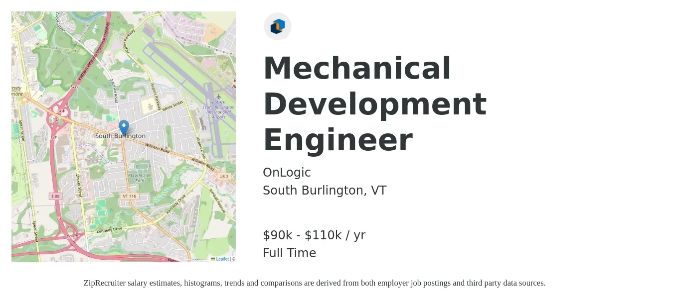 OnLogic job posting for a Mechanical Development Engineer in South Burlington, VT with a salary of $90,000 to $110,000 Yearly with a map of South Burlington location.